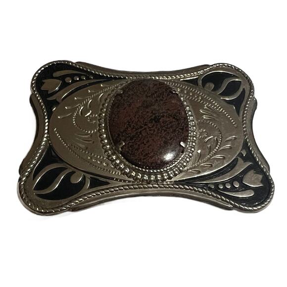 VTG Silver Tone Filigree with Brown Acrylic Stone  Metal Vintage  Belt Buckle - Picture 1 of 2